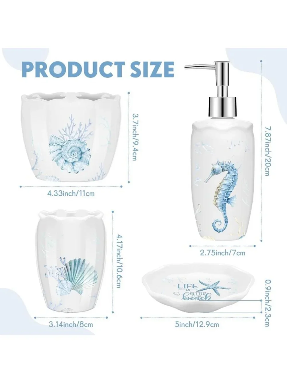 Ocean Animals Bathroom Set - 4 Pcs Beach Decor, Tumbler, Soap Dispenser & More
